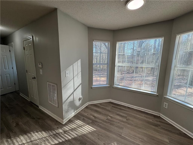 interior space with a textured ceiling, dark hardwood / wood-style floors, and a healthy amount of sunlight