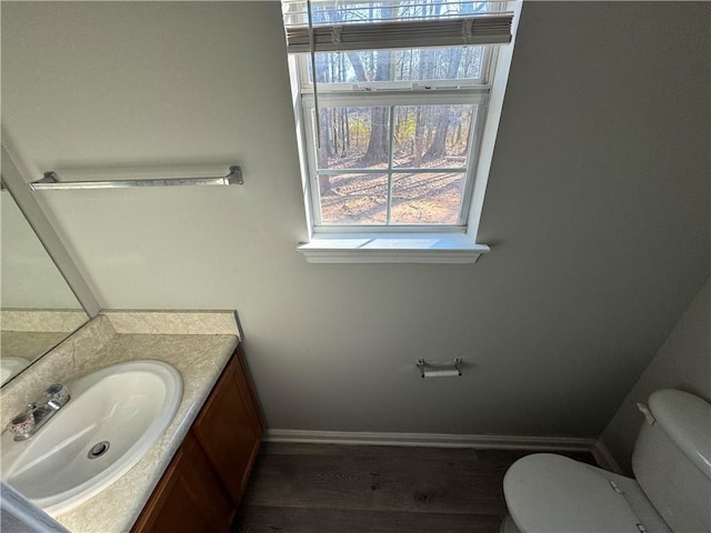 bathroom with vanity, wood-type flooring, and toilet