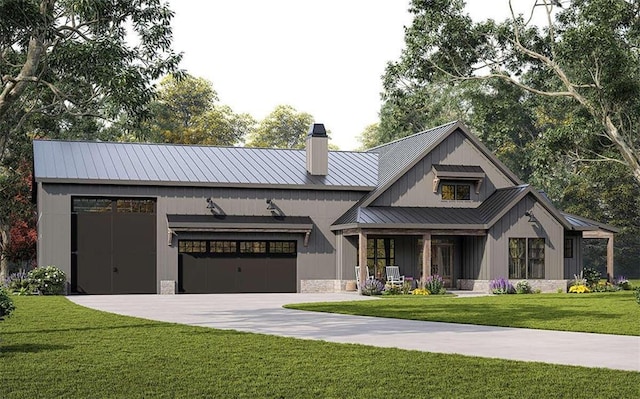 modern farmhouse style home with a garage and a front yard