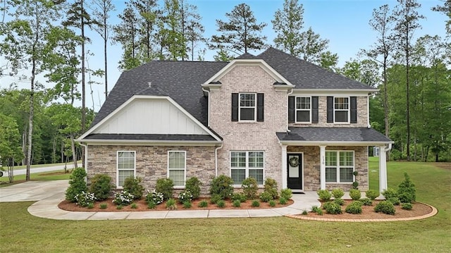 130 W Pier Way, Fayetteville, GA 30214 - craftsman inspired home featuring board and batten siding, a front lawn, stone siding, and a shingled roof