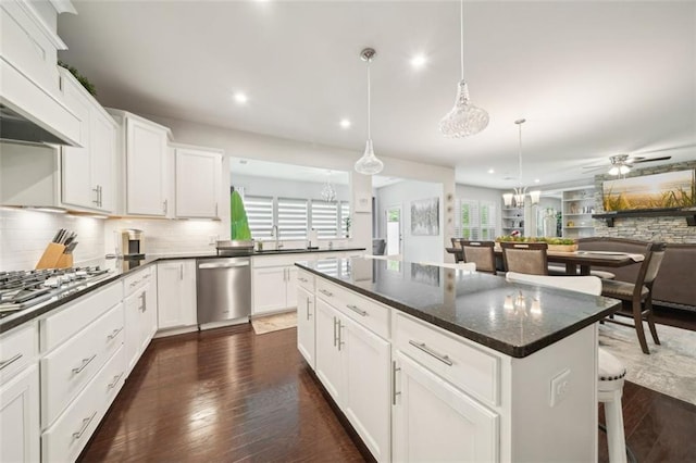 130 W Pier Way, Fayetteville, GA 30214 - kitchen with stainless steel appliances, recessed lighting, a ceiling fan, tasteful backsplash, and open floor plan
