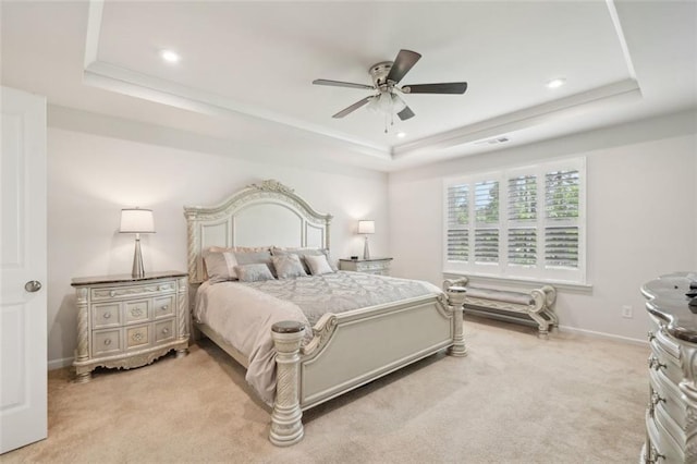130 W Pier Way, Fayetteville, GA 30214 - bedroom featuring a raised ceiling, light carpet, recessed lighting, baseboards, and a ceiling fan