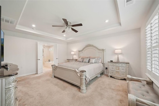 130 W Pier Way, Fayetteville, GA 30214 - carpeted bedroom with a raised ceiling, baseboards, recessed lighting, connected bathroom, and a ceiling fan