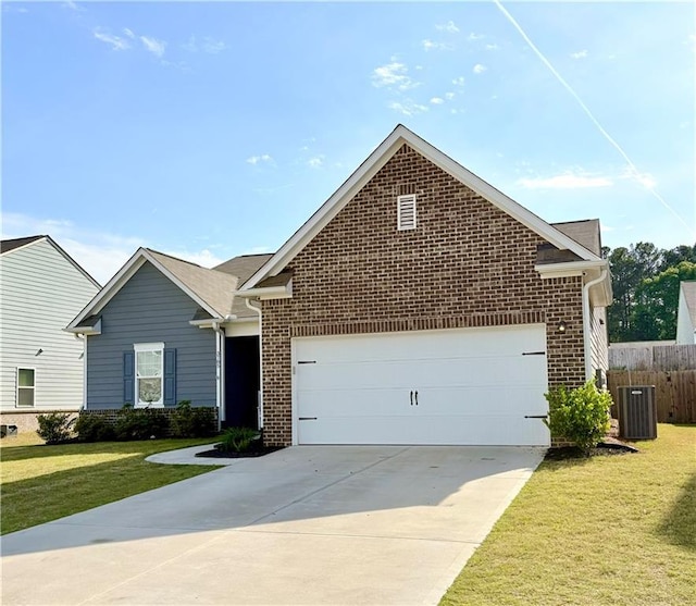 ranch-style house with fence, a front lawn, brick siding, central AC unit, and concrete driveway