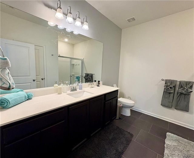 full bath with vanity, toilet, tile patterned floors, a shower stall, and visible vents