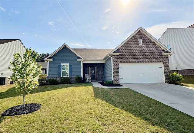 ranch-style house featuring a garage, driveway, a front lawn, and brick siding