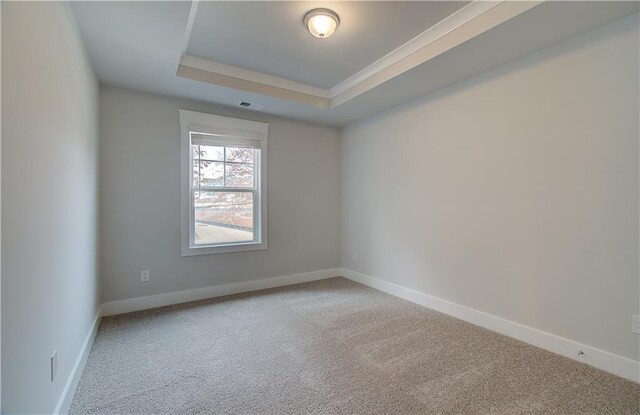 carpeted empty room with a tray ceiling