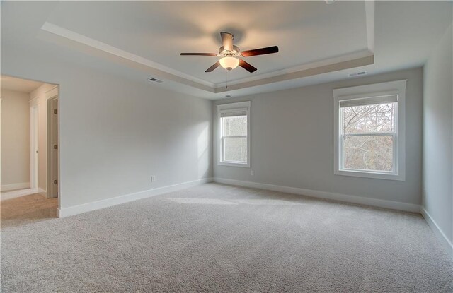 spare room featuring light colored carpet, a raised ceiling, ceiling fan, and a healthy amount of sunlight