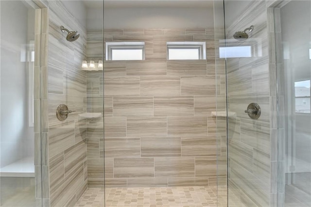 bathroom with a shower with shower door