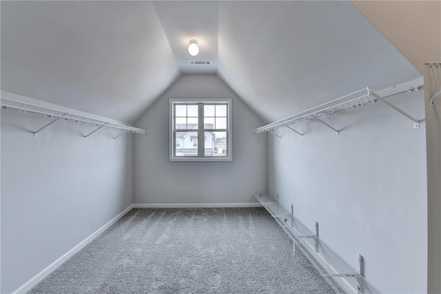 spacious closet with lofted ceiling and carpet floors