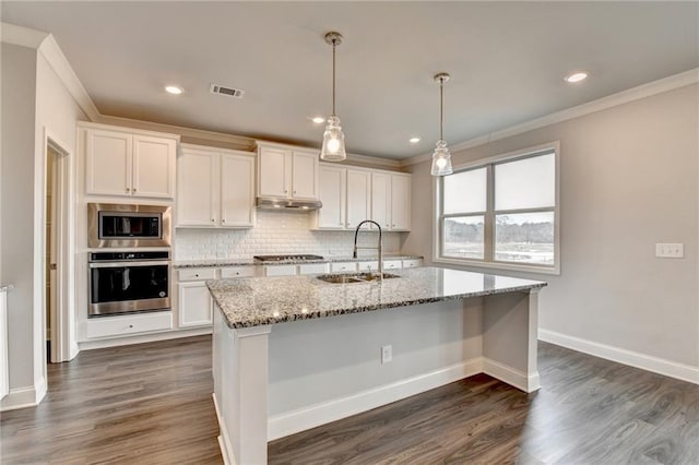 kitchen with white cabinetry, sink, light stone countertops, and appliances with stainless steel finishes