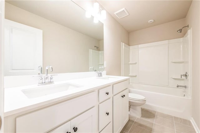 full bathroom featuring vanity, toilet, shower / bath combination, and tile patterned floors