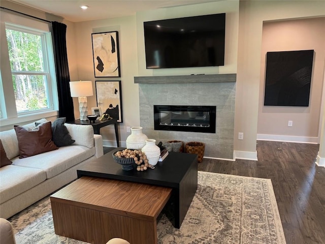 living room featuring a fireplace and dark hardwood / wood-style floors