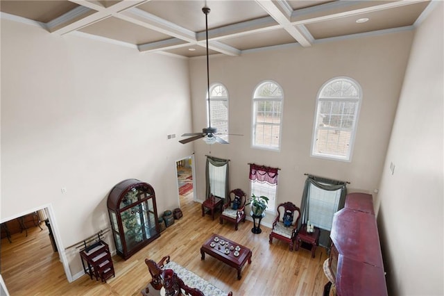 1227 Castle Point Ct SW, Conyers, GA 30094 - living room with coffered ceiling, plenty of natural light, beamed ceiling, wood finished floors, and a ceiling fan