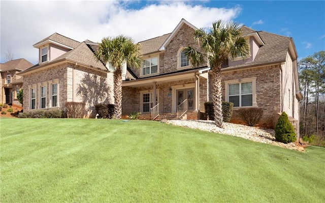 1227 Castle Point Ct SW, Conyers, GA 30094 - view of front of house with brick siding, a front lawn, covered porch, and a shingled roof