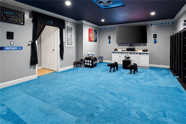 1227 Castle Point Ct SW, Conyers, GA 30094 - home theater featuring ornamental molding, recessed lighting, light carpet, and electric panel
