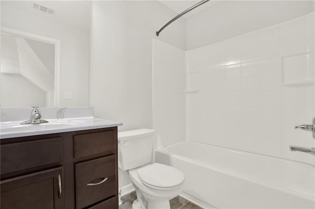 full bathroom featuring bathing tub / shower combination, visible vents, vanity, and toilet