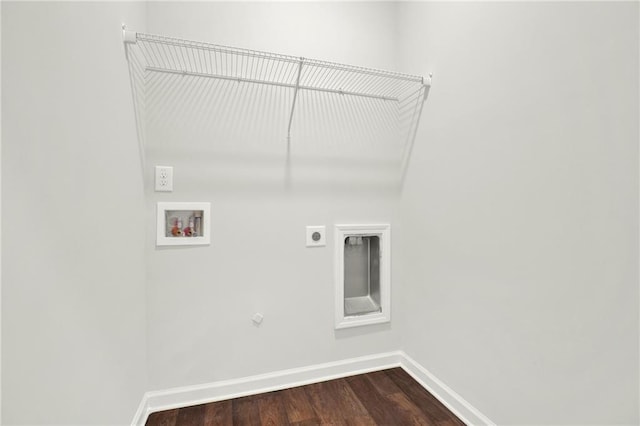 laundry area featuring dark wood-style floors, laundry area, hookup for an electric dryer, hookup for a washing machine, and baseboards