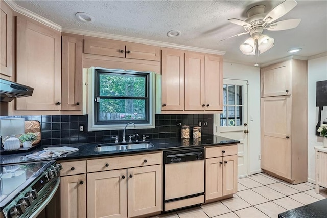 12 Westchester Sq, Decatur, GA 30030 - kitchen featuring dishwasher, range with electric cooktop, light tile patterned flooring, backsplash, and a ceiling fan