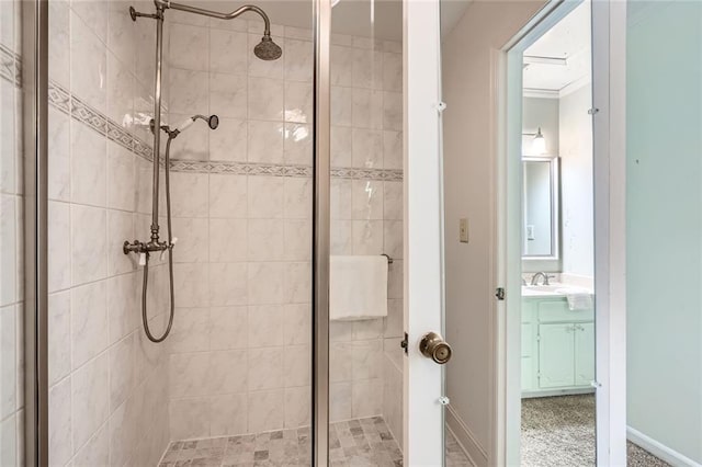12 Westchester Sq, Decatur, GA 30030 - bathroom with a stall shower, vanity, and ornamental molding