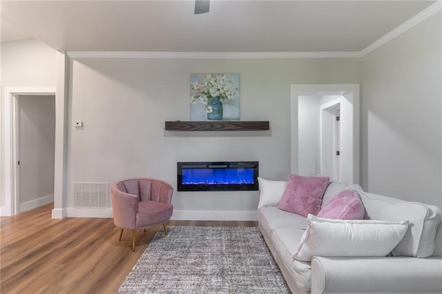 235 Lowry St, Ball Ground, GA 30107 - living room with wood finished floors, crown molding, baseboards, and a fireplace