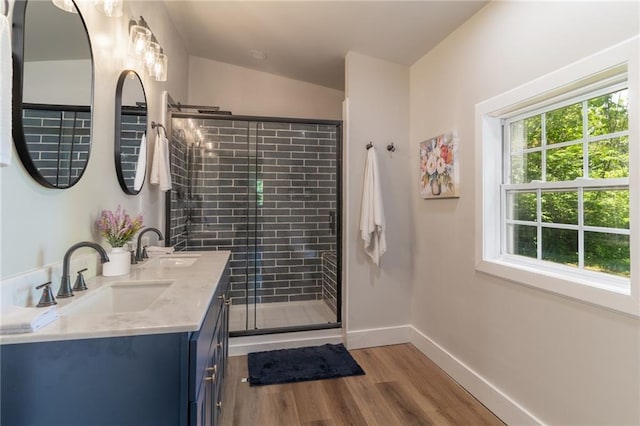 235 Lowry St, Ball Ground, GA 30107 - bathroom featuring wood finished floors, a stall shower, baseboards, and double vanity