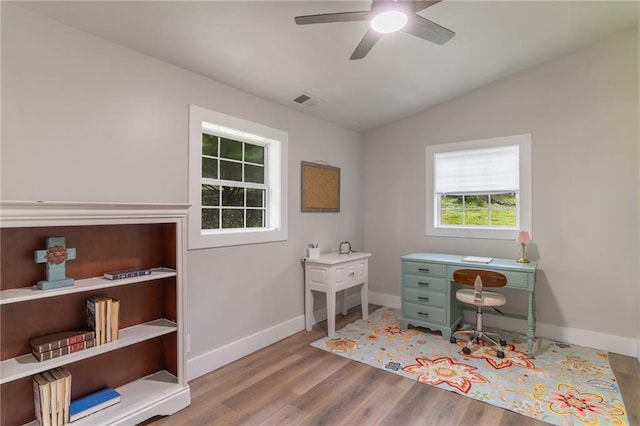235 Lowry St, Ball Ground, GA 30107 - office space featuring vaulted ceiling, a ceiling fan, wood finished floors, and baseboards