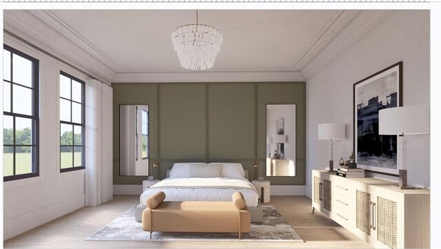 bedroom with crown molding, a notable chandelier, and light wood finished floors