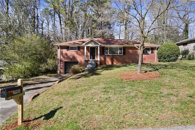 ranch-style home featuring a garage, brick siding, concrete driveway, and a front lawn