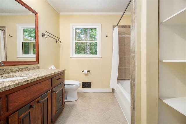 bathroom featuring baseboards, toilet, ornamental molding, tile patterned floors, and vanity