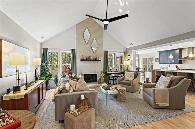 living room with high vaulted ceiling, a healthy amount of sunlight, wood finished floors, and a fireplace