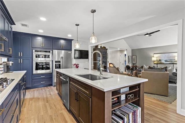 kitchen with a center island with sink, light wood-style floors, hanging light fixtures, stainless steel appliances, and a sink