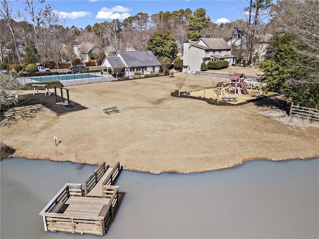 aerial view featuring a water view