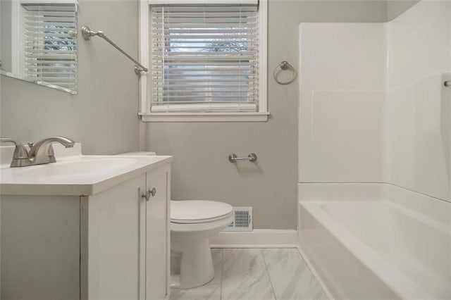 full bathroom with vanity, toilet, and bathing tub / shower combination