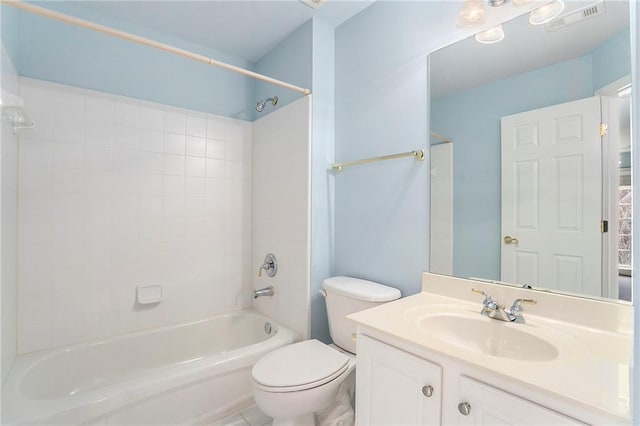 full bath with toilet, shower / tub combination, visible vents, and vanity