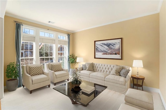 living area with carpet floors, baseboards, visible vents, and crown molding