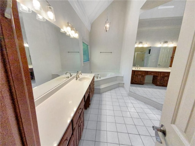 bathroom with vanity, plus walk in shower, ornamental molding, and tile patterned floors