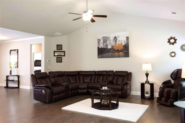 living room featuring ceiling fan, dark wood-type flooring, and lofted ceiling