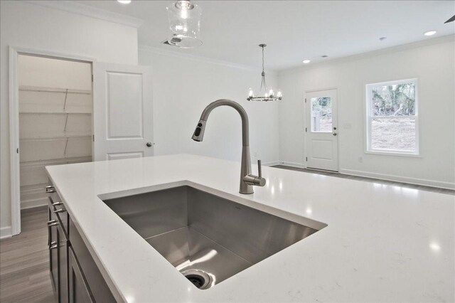 details with crown molding, decorative light fixtures, light countertops, wood finished floors, and a sink