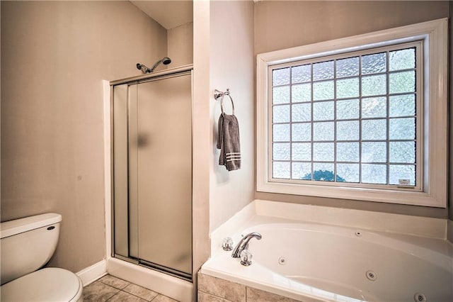 bathroom with toilet, shower with separate bathtub, and tile patterned floors