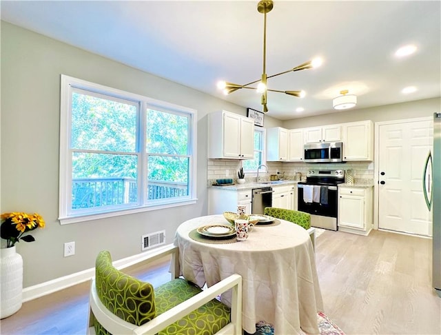 kitchen featuring appliances with stainless steel finishes, white cabinets, tasteful backsplash, and light hardwood / wood-style floors