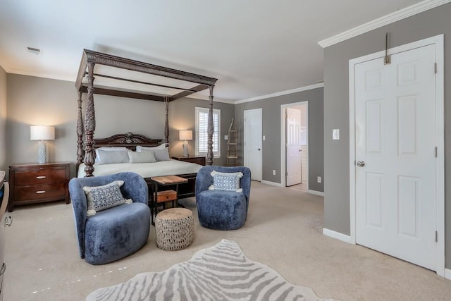 carpeted bedroom with visible vents, baseboards, and ornamental molding