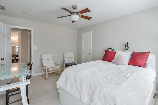 bedroom with visible vents, light carpet, baseboards, and a ceiling fan