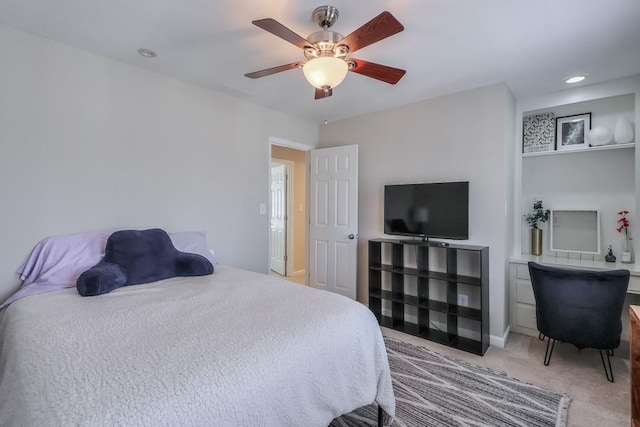 carpeted bedroom with recessed lighting, a ceiling fan, and baseboards