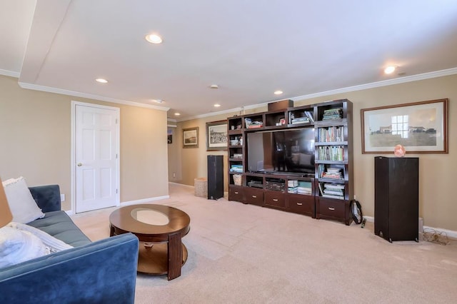 living area with baseboards, carpet floors, and ornamental molding