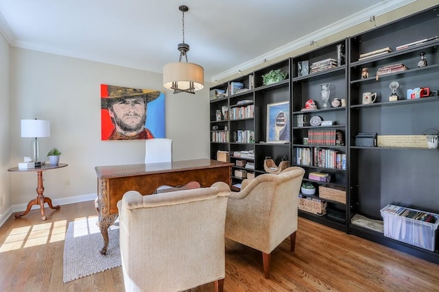 interior space featuring baseboards, wood finished floors, and ornamental molding