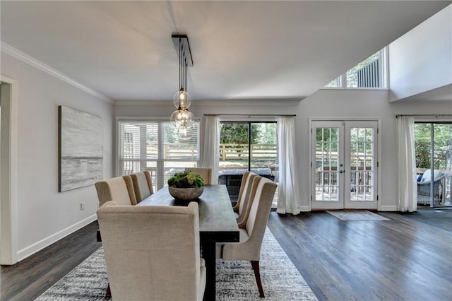 945 Tiber Cir, Alpharetta, GA 30022 - dining room with french doors, dark wood-type flooring, baseboards, and ornamental molding