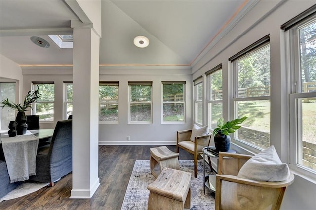 945 Tiber Cir, Alpharetta, GA 30022 - sunroom featuring healthy amount of natural light, vaulted ceiling, wood finished floors, a skylight, and baseboards