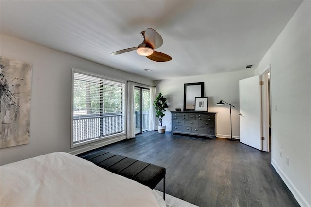 945 Tiber Cir, Alpharetta, GA 30022 - unfurnished bedroom with dark wood-style floors, access to exterior, ceiling fan, and baseboards