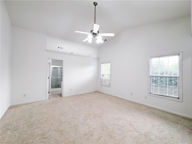 2642 Colleen Ln, Dacula, GA 30019 - spare room featuring light colored carpet, a ceiling fan, baseboards, and high vaulted ceiling